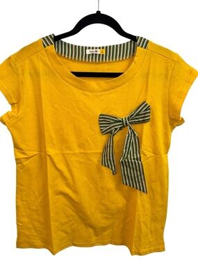 Tulip B Yellow Short-Sleeve Top with Striped Bow Green Accent 100% Cotton
